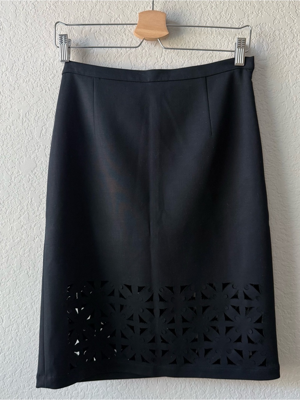 Tibi Black Midi Pencil Skirt with Laser-Cut Hem